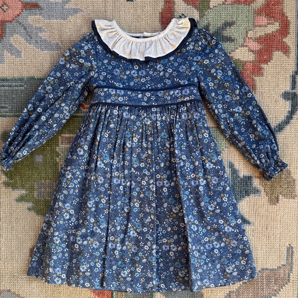 Pepa London Blue Floral Long-Sleeve Dress with White Ruffle Collar